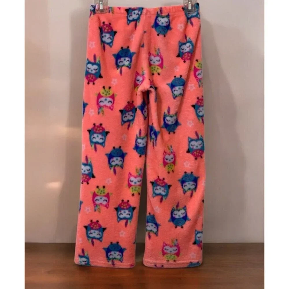 Girls Owl Fleece Pajamas Pants Size L/G 10-12 Waistband Flame Resistant Orange